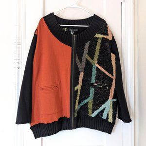 Kedziorek Oversized Patchwork Zip Cardigan in Terra Cotta & Charcoal Print